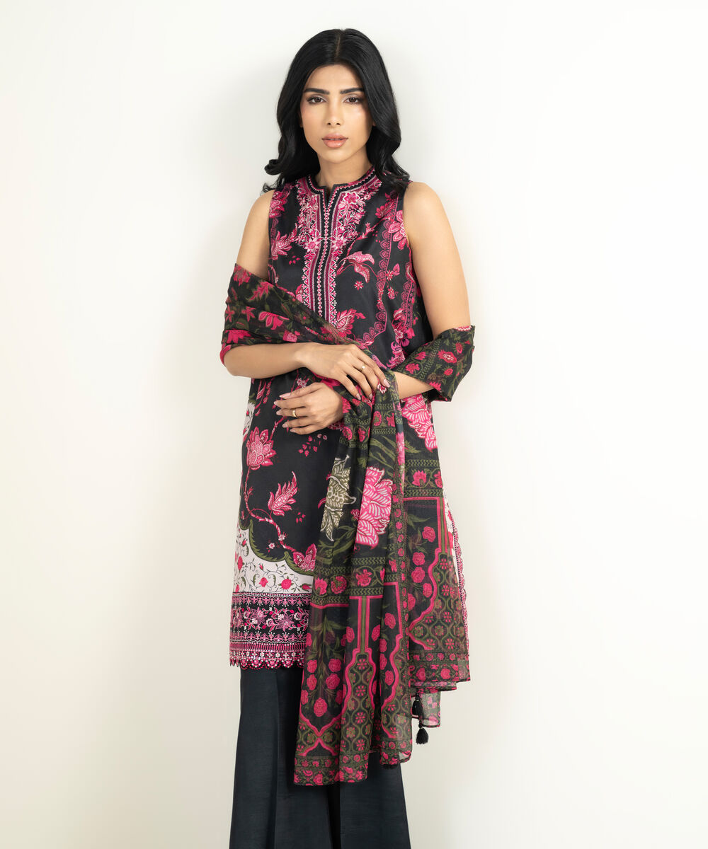 Women's Unstitched Blended Grip Silk Embroidered Black and Pink 3 Piece Suit