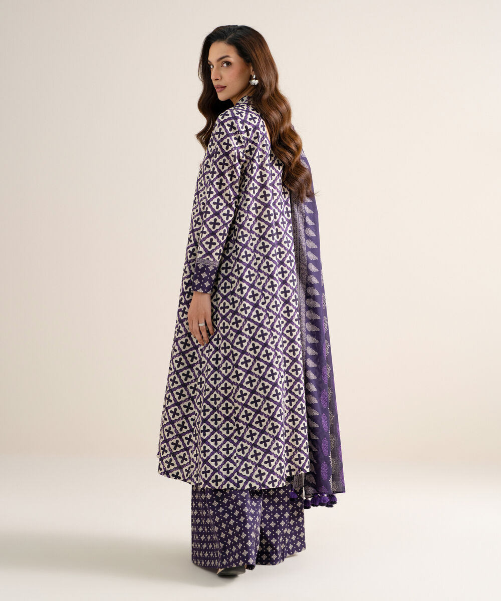 Women's Unstitched Lawn Printed Deep Purple & White  3 Piece Suit