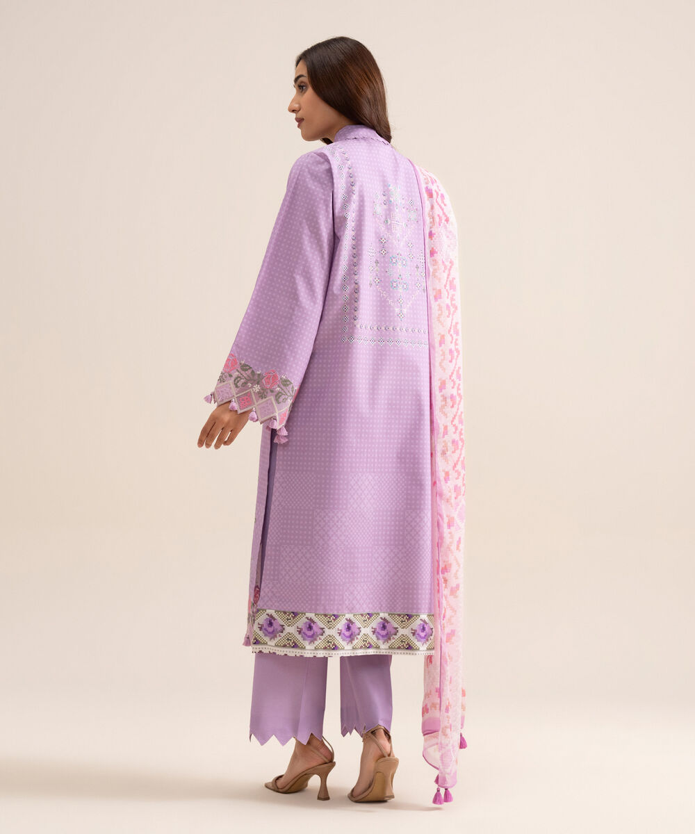 Women's Unstitched Zari Cotton Embroidered Lilac 3 Piece Suit