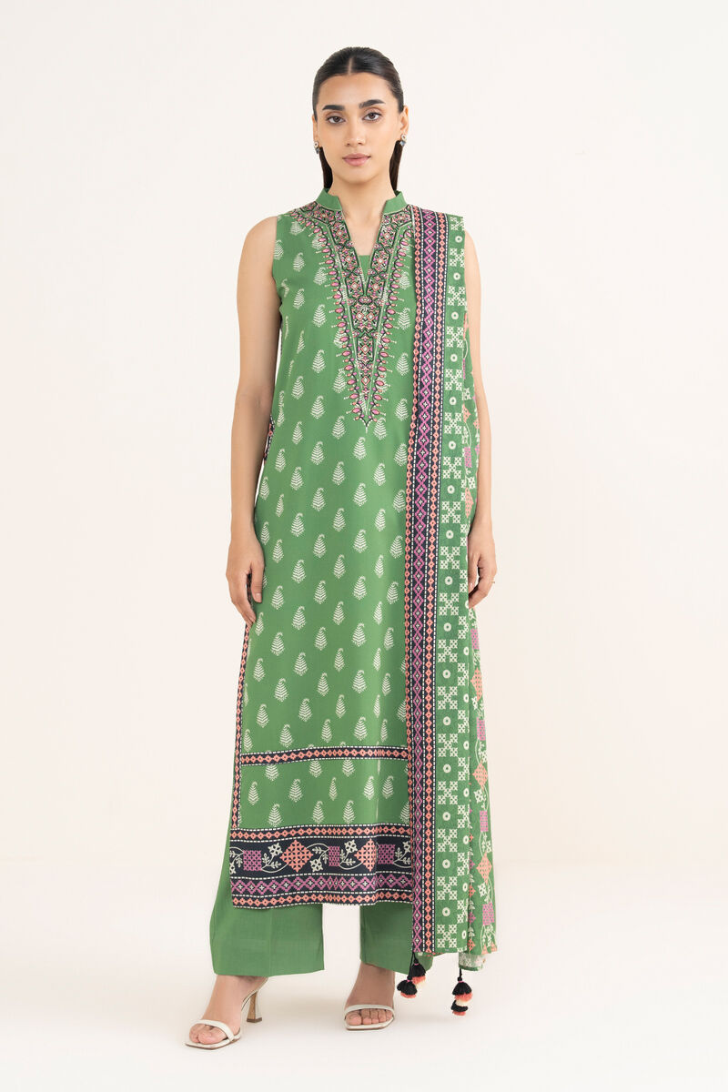 3 Piece -  Embroidered Linen Suit