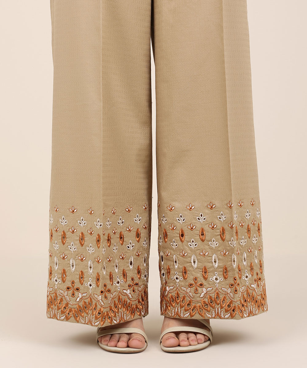 Women's RTW Textured Cotton Brown Embroidered Flared Pants