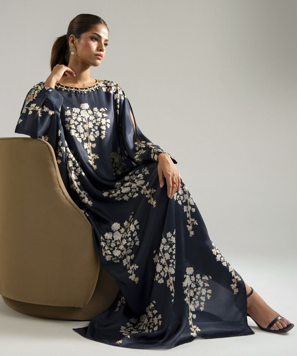 Women's RTW Blended Satin Printed Dark Blue Kaftan