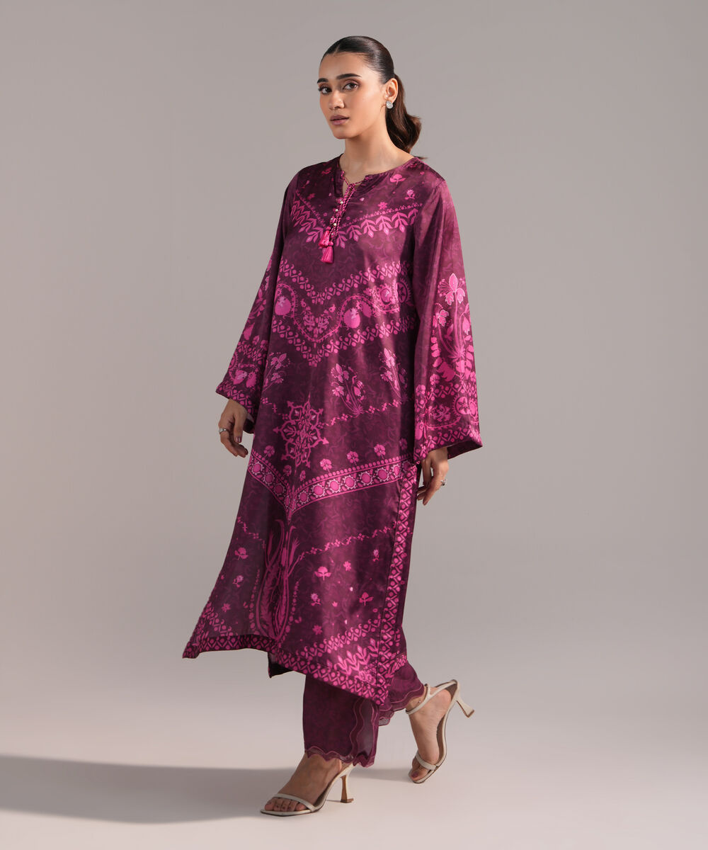 Women's RTW Blended Satin Printed Purple 2 Piece Suit