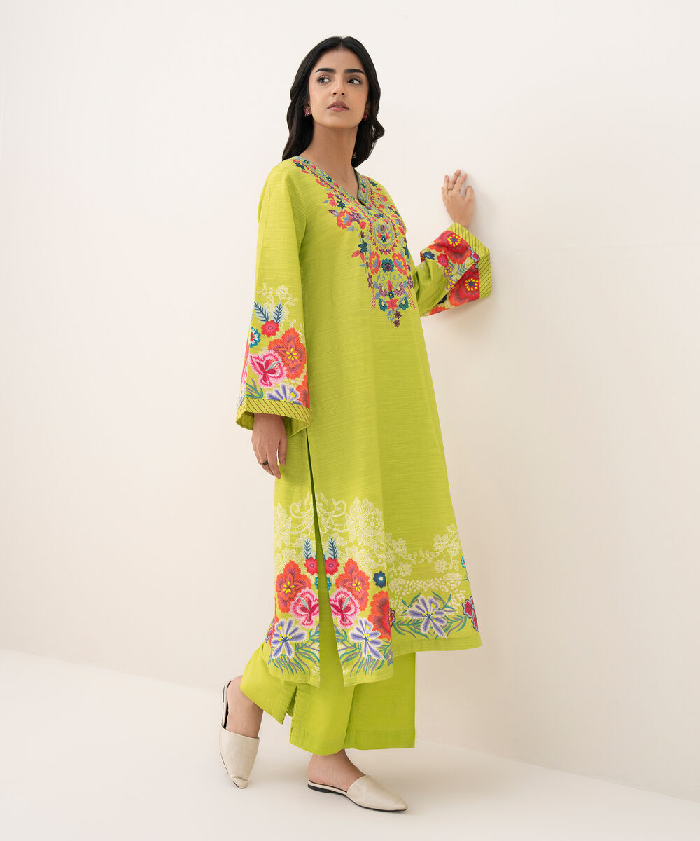 Women's RTW Cotton Printed A-Line Lime Green Shirt
