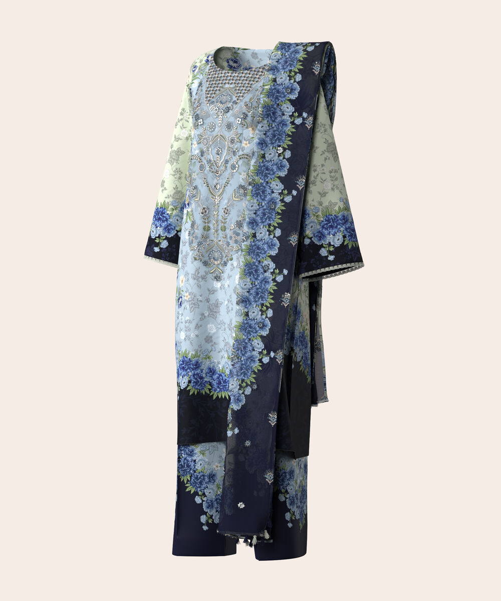 Women's Unstitched Lawn Multi  Embroidered 3 Piece Suit
