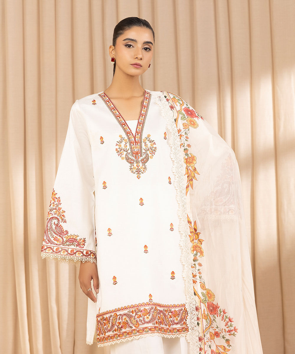 Unstitched Women's Embroidered Cotton Net Off White Three Piece Suit