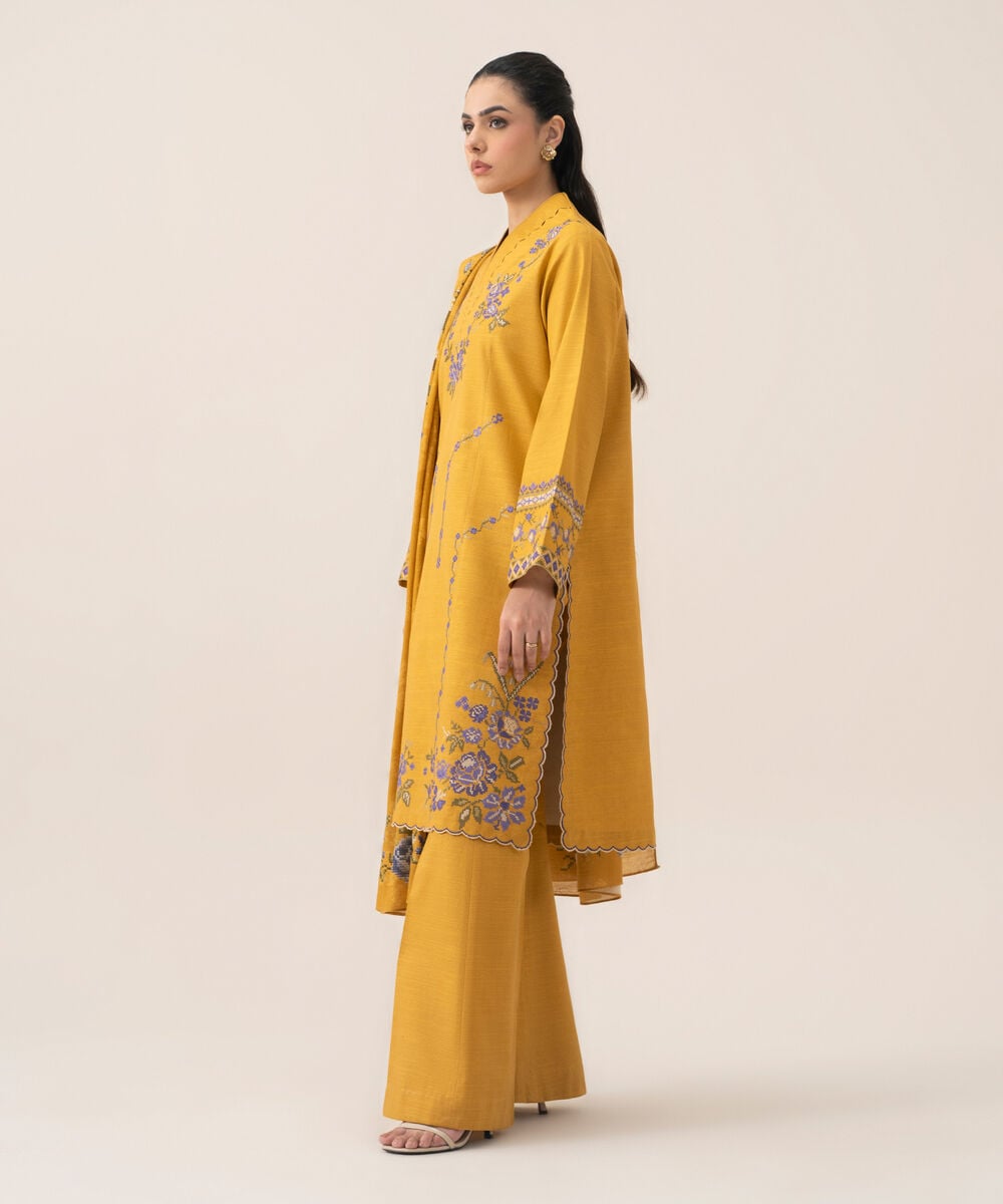 Women's Unstitched Lawn Embroidered Mustard 3 Piece Suit