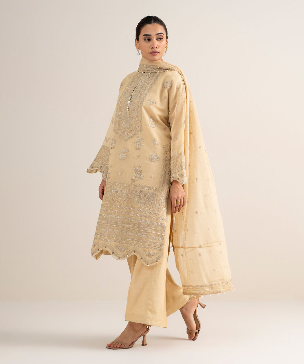 Women's Unstitched Khaddi Net Embroidered Beige