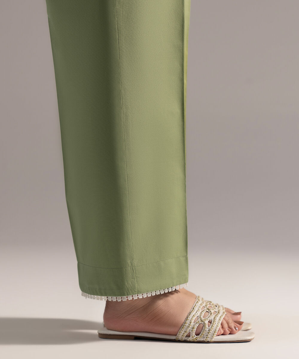 Women's RTW Cambric Solid Green Straight Pants