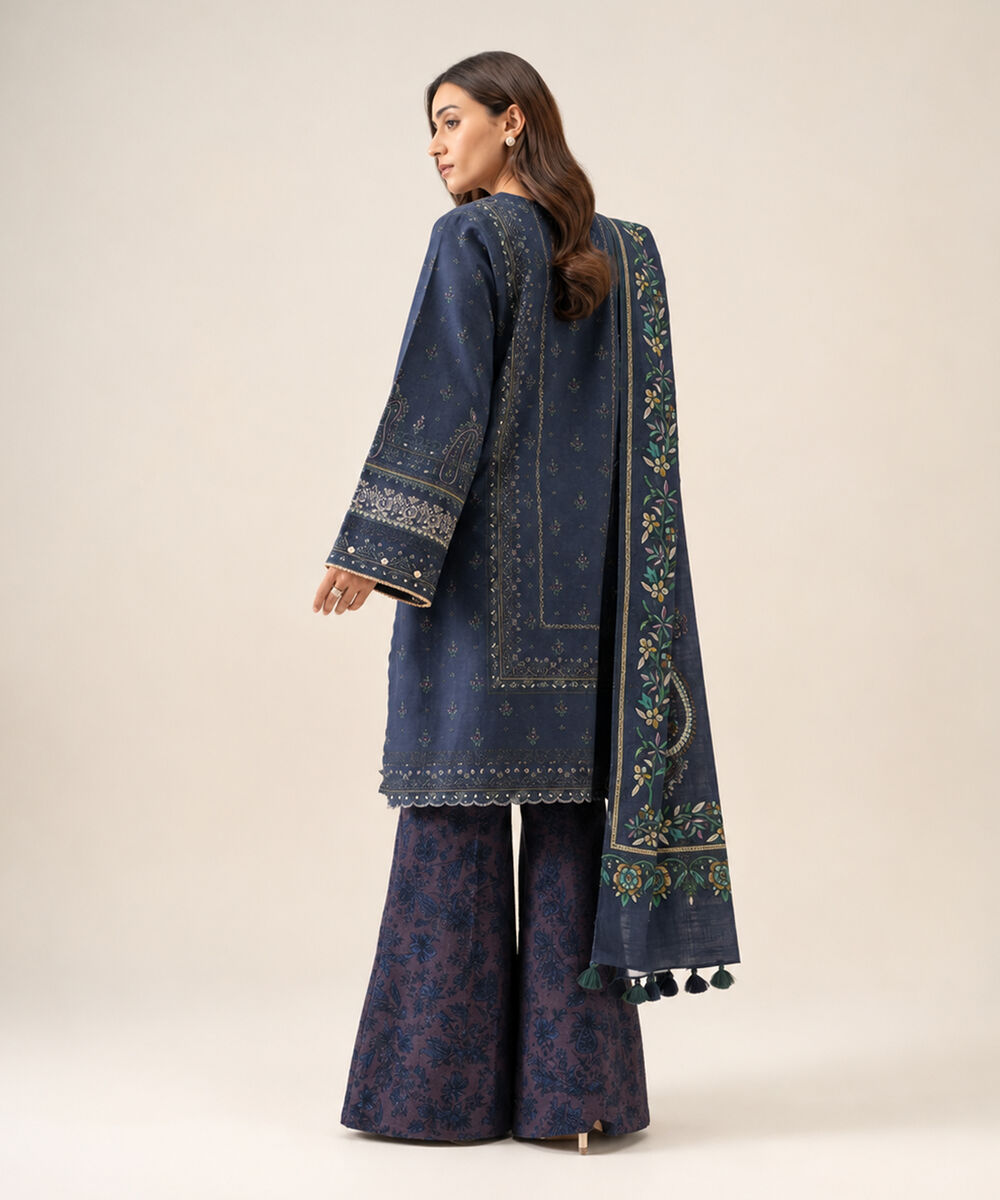 Women's Unstitched Light Khaddar Embroidered Blue 3 Piece Suit