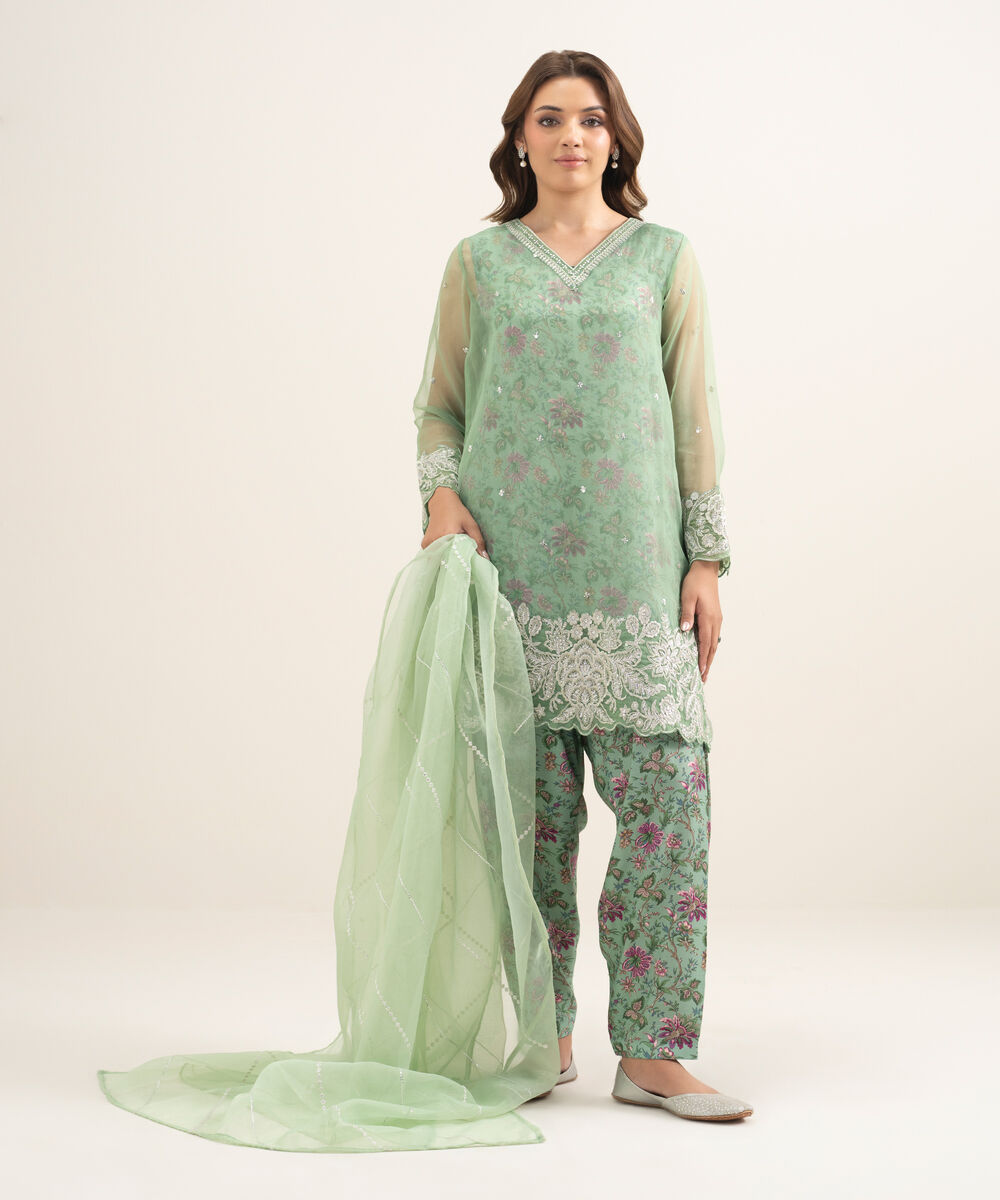 Women's RTW Blended Organza Embroidered Green 3 Piece Suit