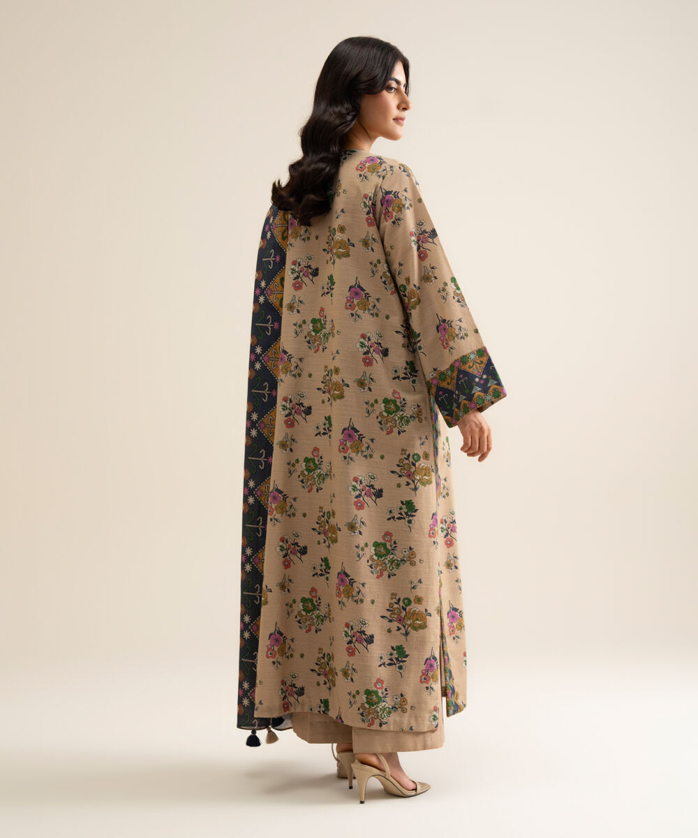 Women's Unstitched Premium Khaddar Printed Beige 3 Piece Suit