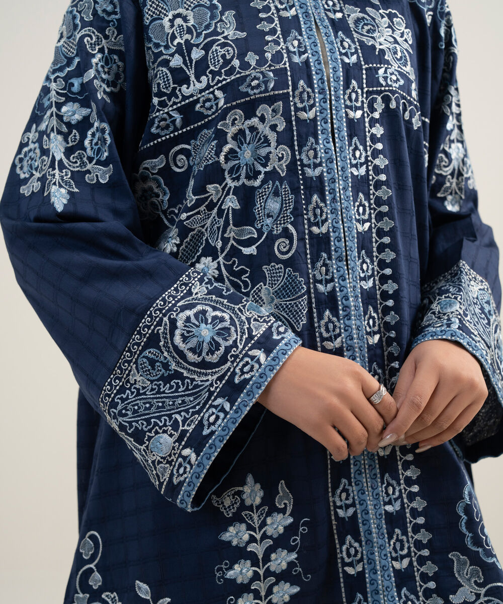 Women's RTW Dobby Embroidered Dark Blue Straight Shirt