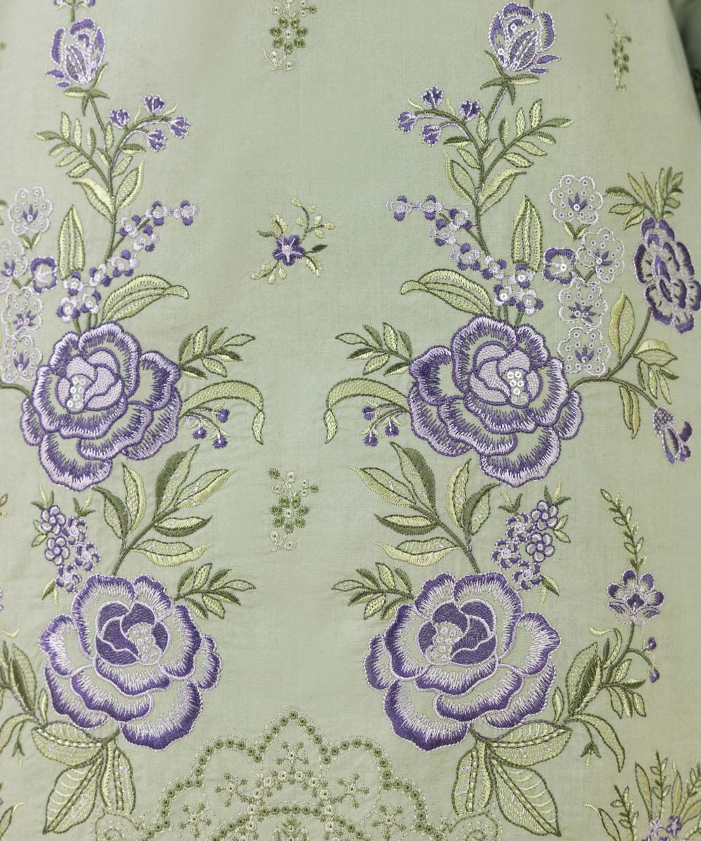 Women's Unstitched Embroidered Cotton Light Green 3 Piece Suit