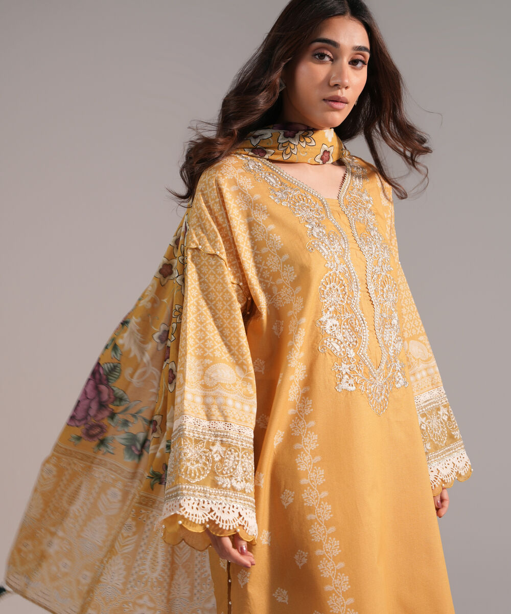 Women's RTW Zari Lawn Embroidered Yellow 3 Piece Suit