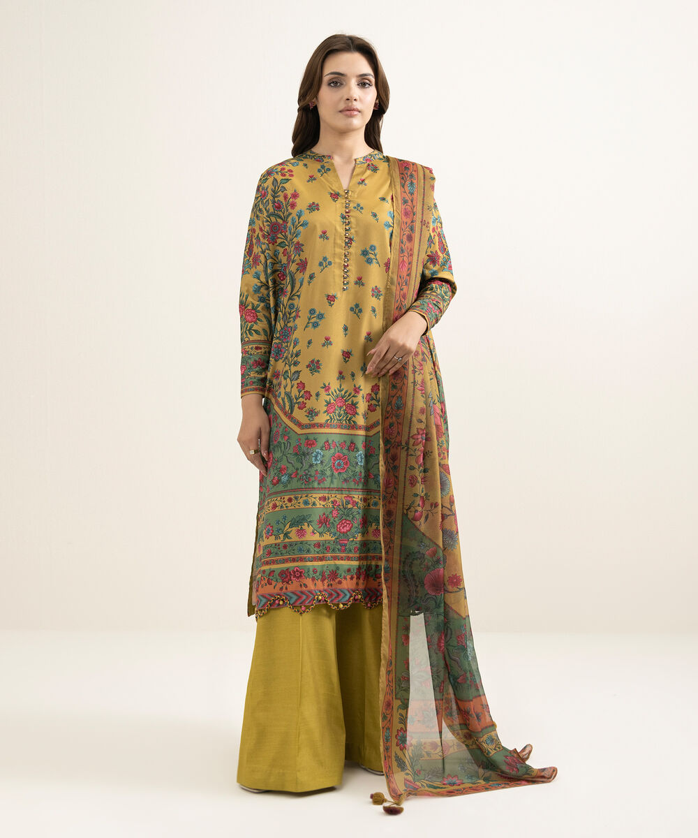 Women's Unstitched Blended Grip Silk Embroidered Yellow 3 Piece Suit