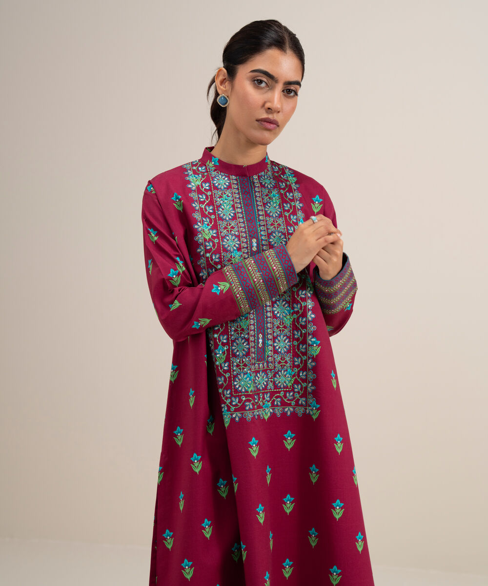 Women's Unstitched Lawn Embroidered Red 2 Piece Suit