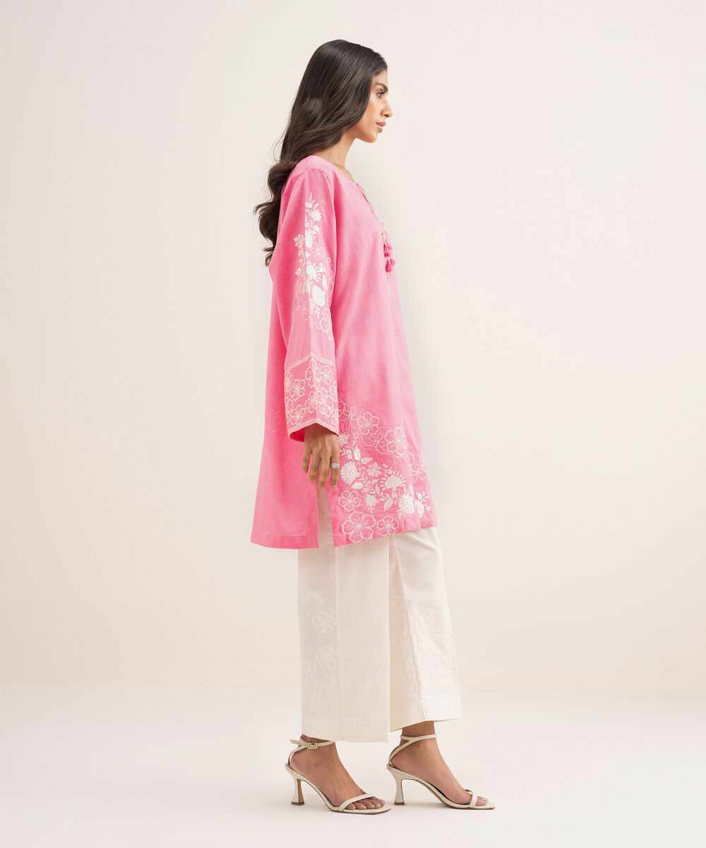 Women's RTW Self Jacquard Embroidered Pink Straight Shirt