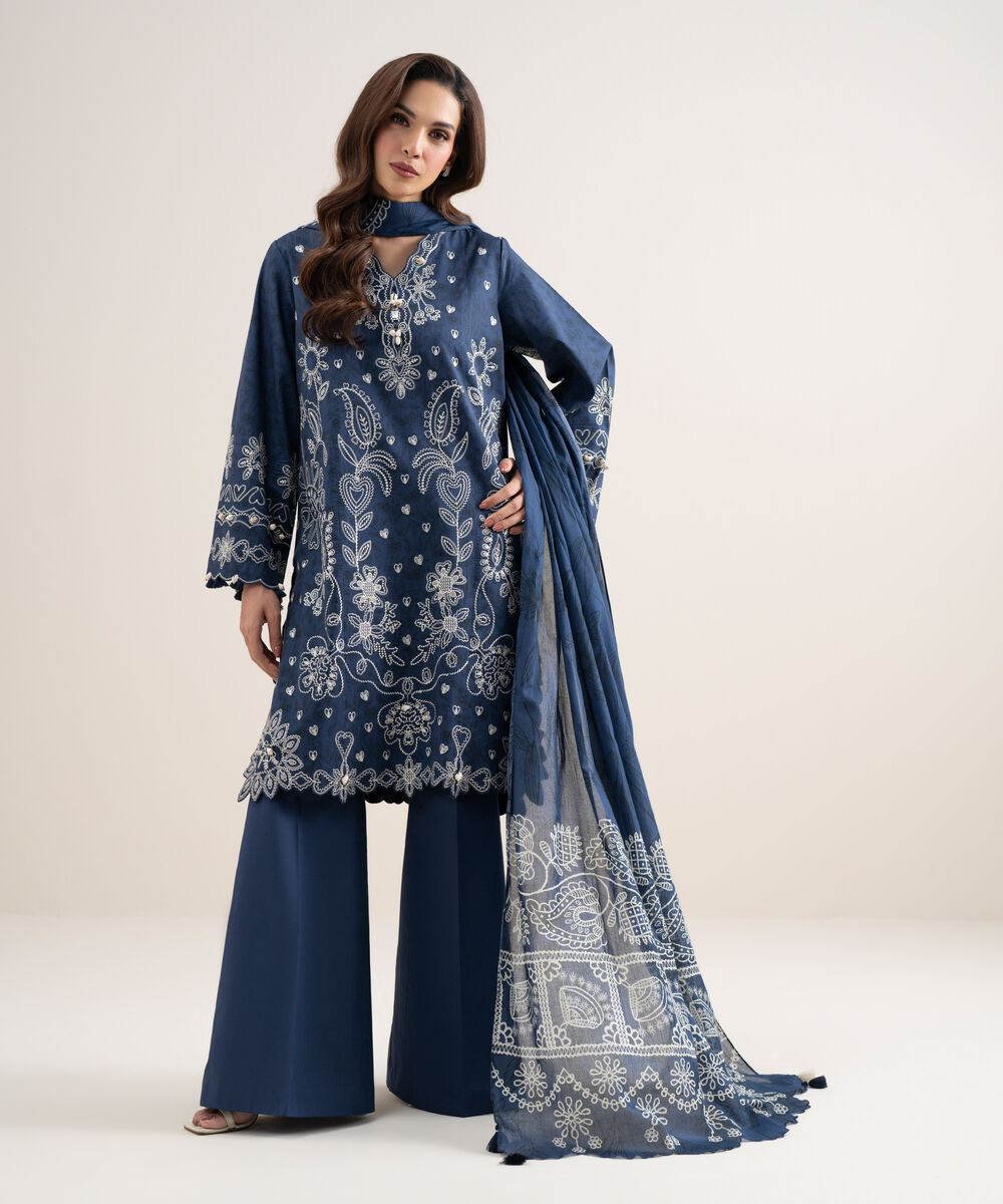 Women's Unstitched Lawn Embroidered Blue 3 Piece Suit