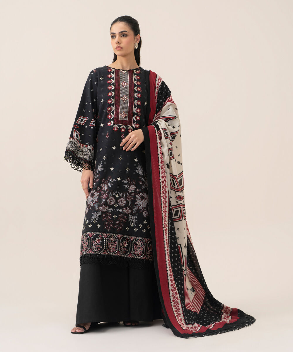 Women's Unstitched Cotton Printed Black 3 Piece Suit