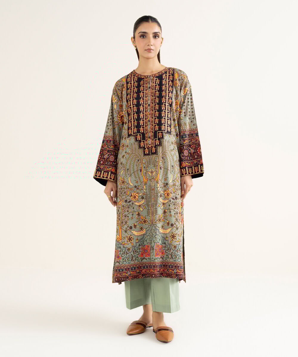 Women's RTW Linen Viscose Embroidered Green Drop Shoulder Shirt