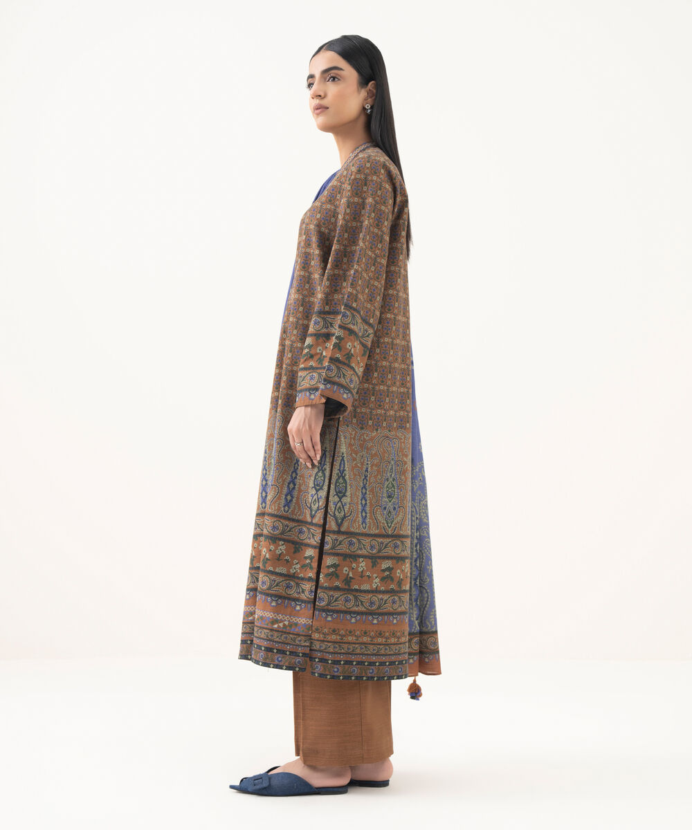 Women's Unstitched Khaddar Embroidered Brown 3 Piece Suit