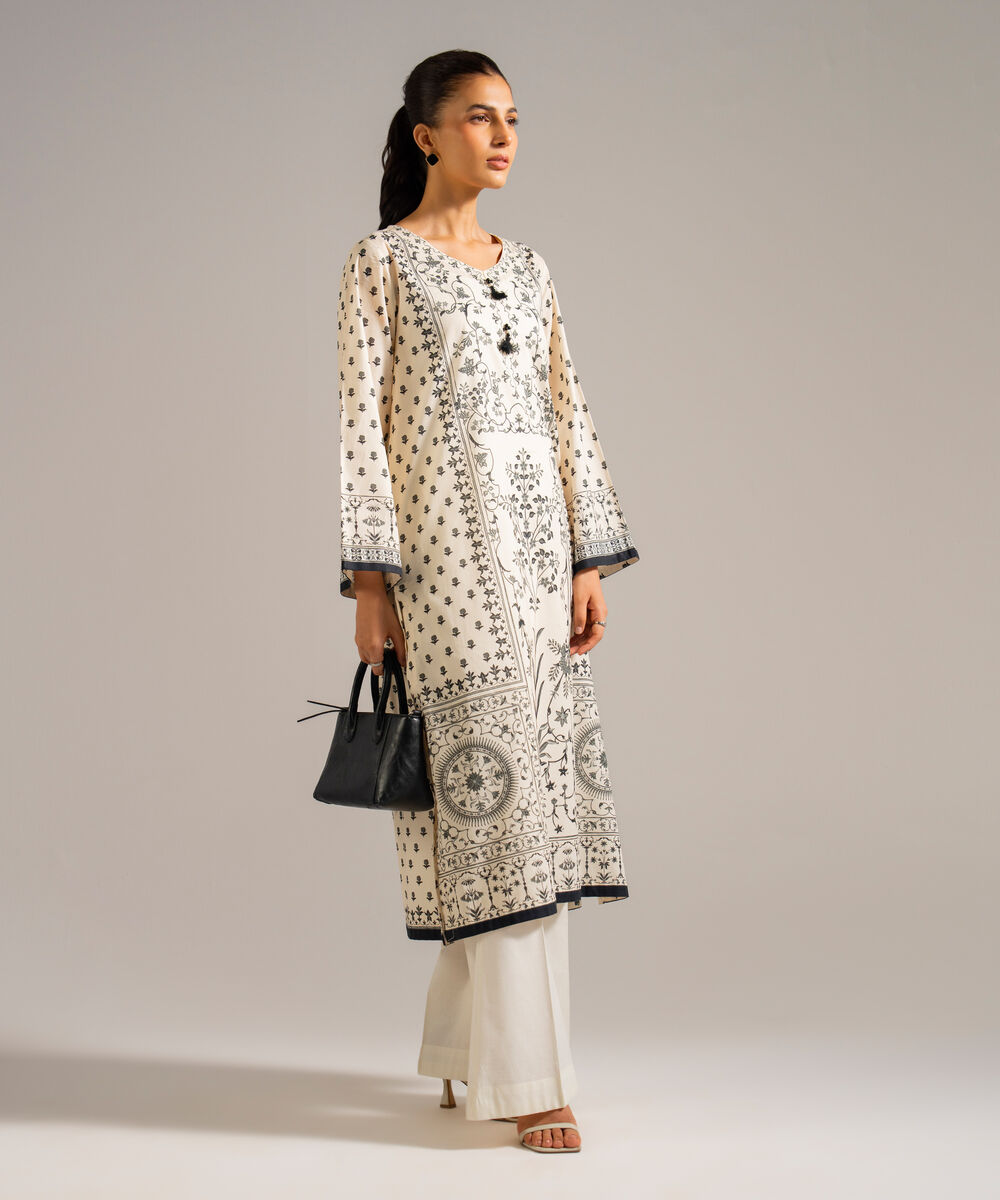 Women's RTW Lawn Printed White Straight Shirt
