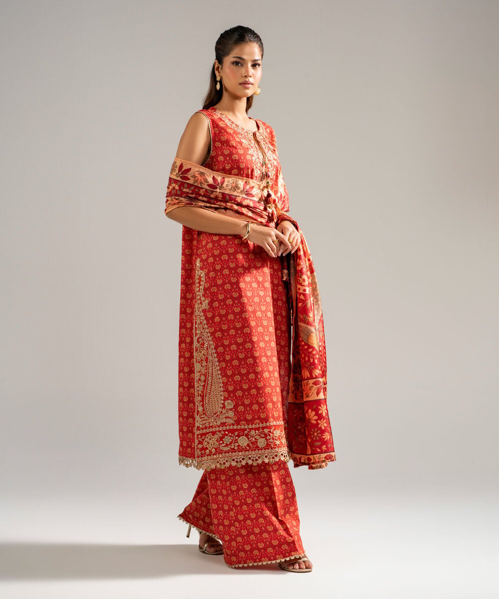 Women's RTW Dobby Embroidered Rust 3 Piece Suit