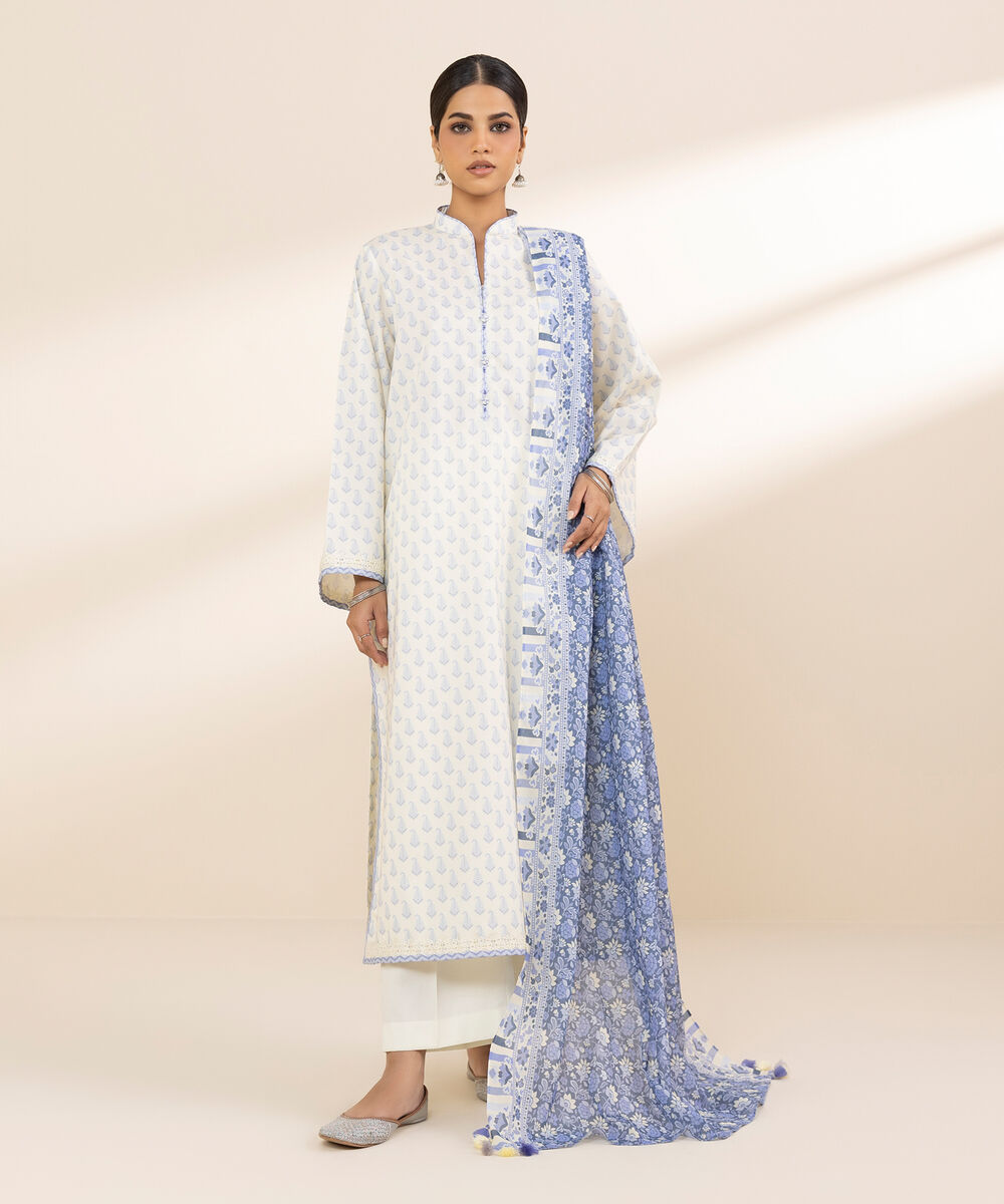 Women's Unstitched Lawn Printed Off White 3 Piece Suit
