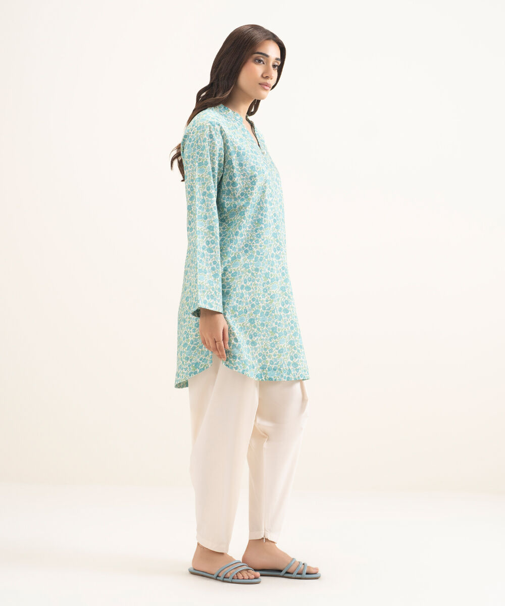 Women's RTW Cotton Viscose Printed Blue Straight Shirt