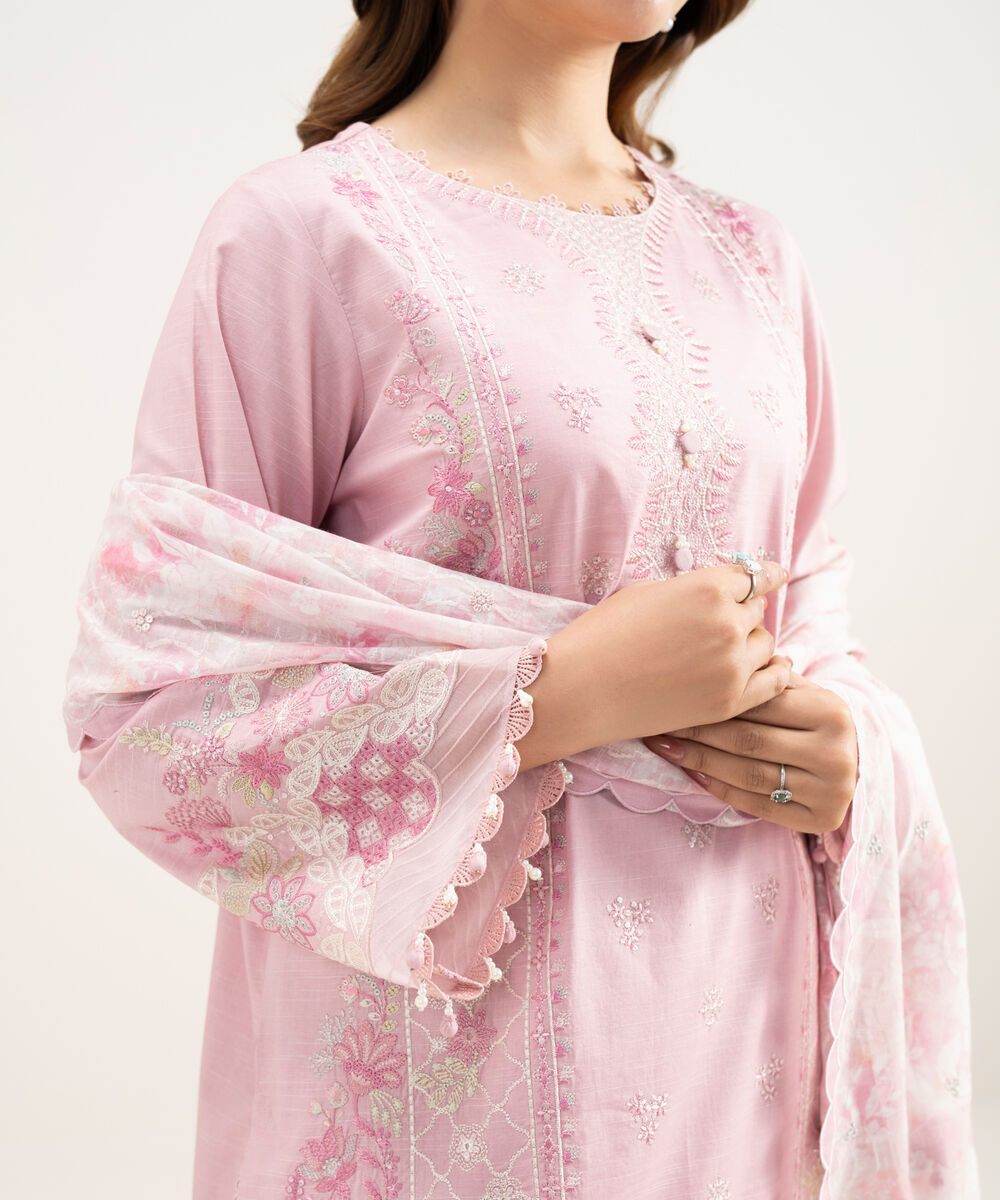 Women's Unstitched Lawn Embroidered Pink 3 Piece Suit