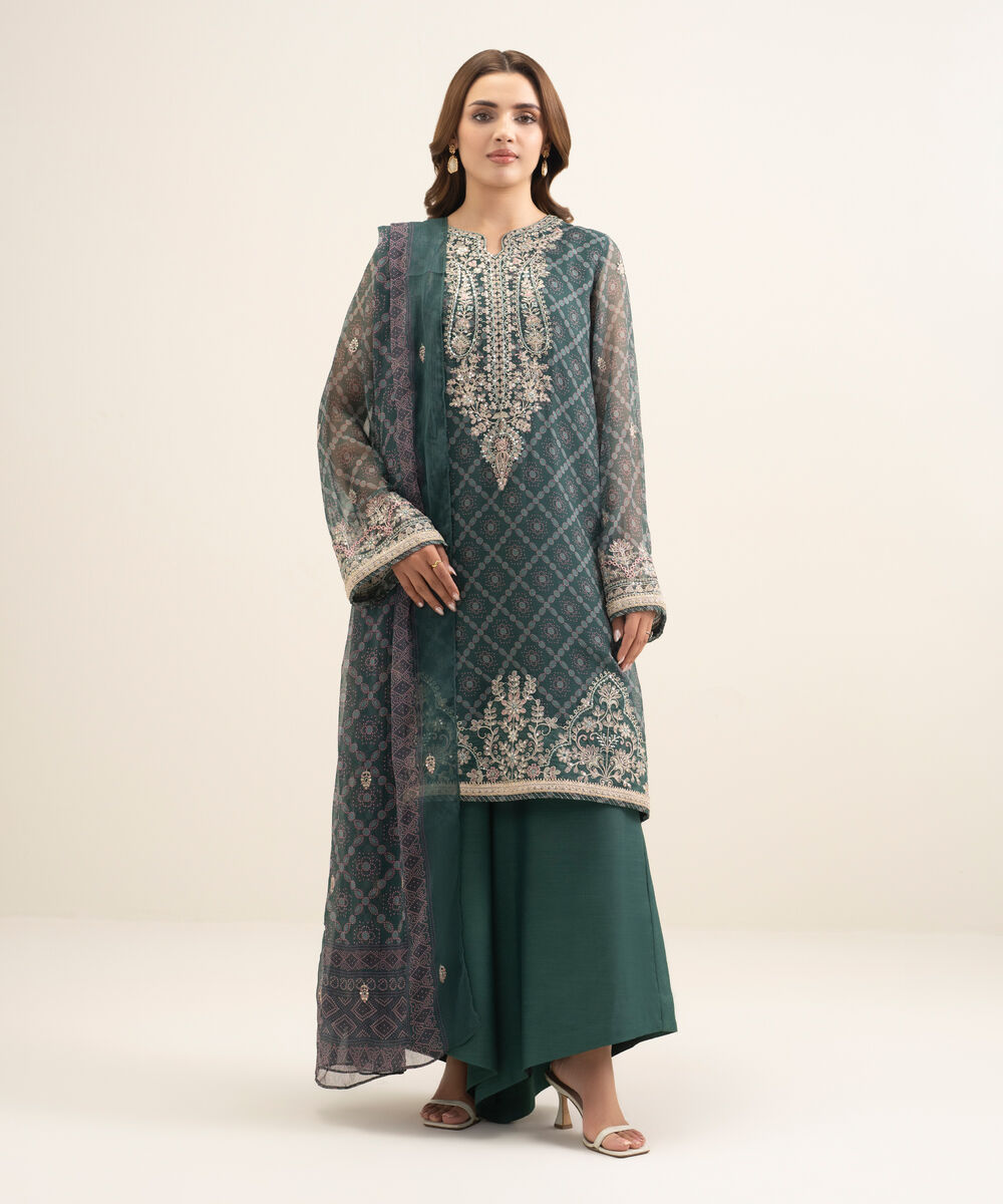 Women's Unstitched Blended Chiffon Embroidered Green 3 Piece Suit