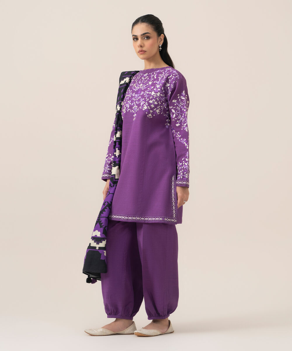 Women's Unstitched Premium Khaddar Embroidered Mauve 3 Piece Suit