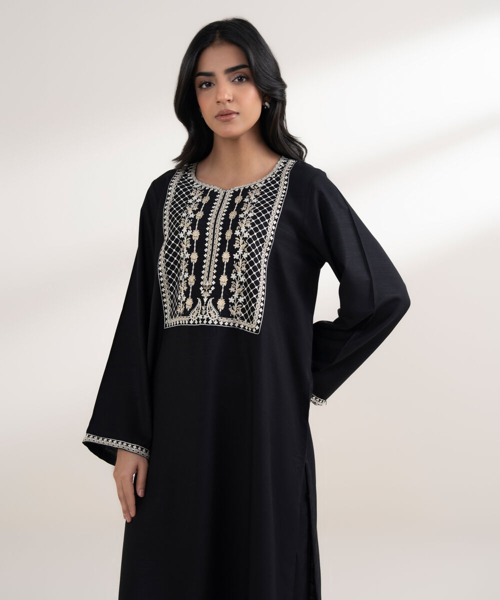 Women's RTW Arabic Khaddar Embroidered Black Straight Shirt