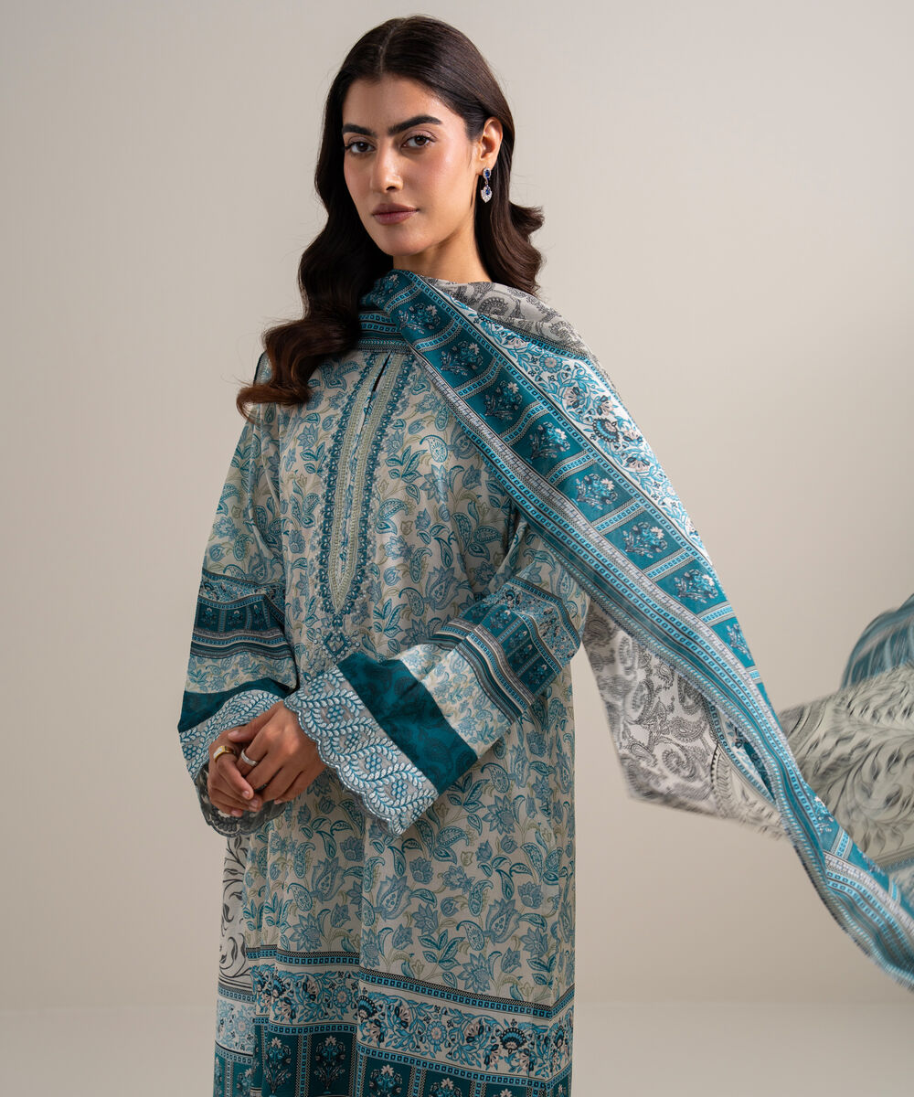 Women's Unstitched Lawn Embroidered Peach 3 Piece Suit