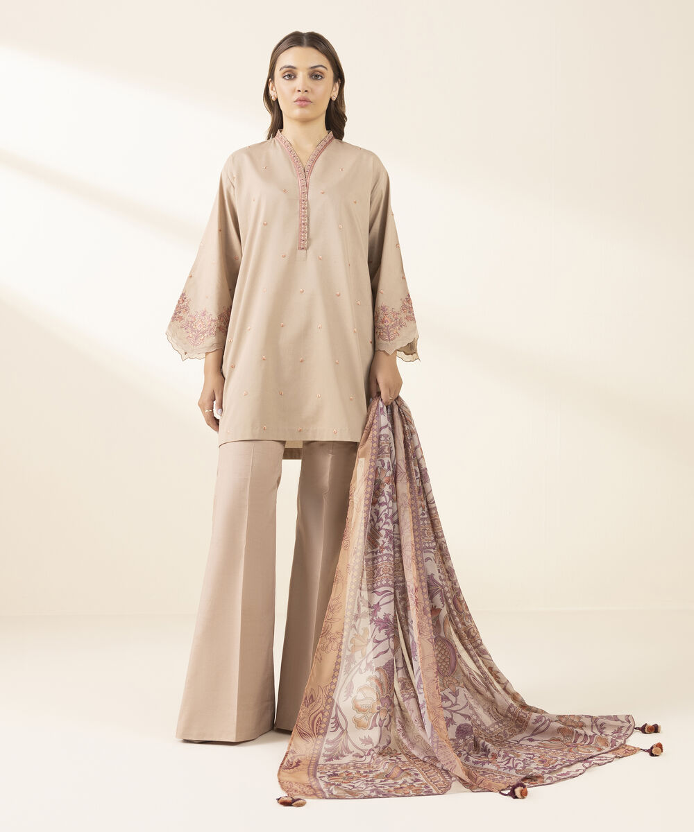 Unstitched Women's Beige Textured Lawn Shirt Dupatta