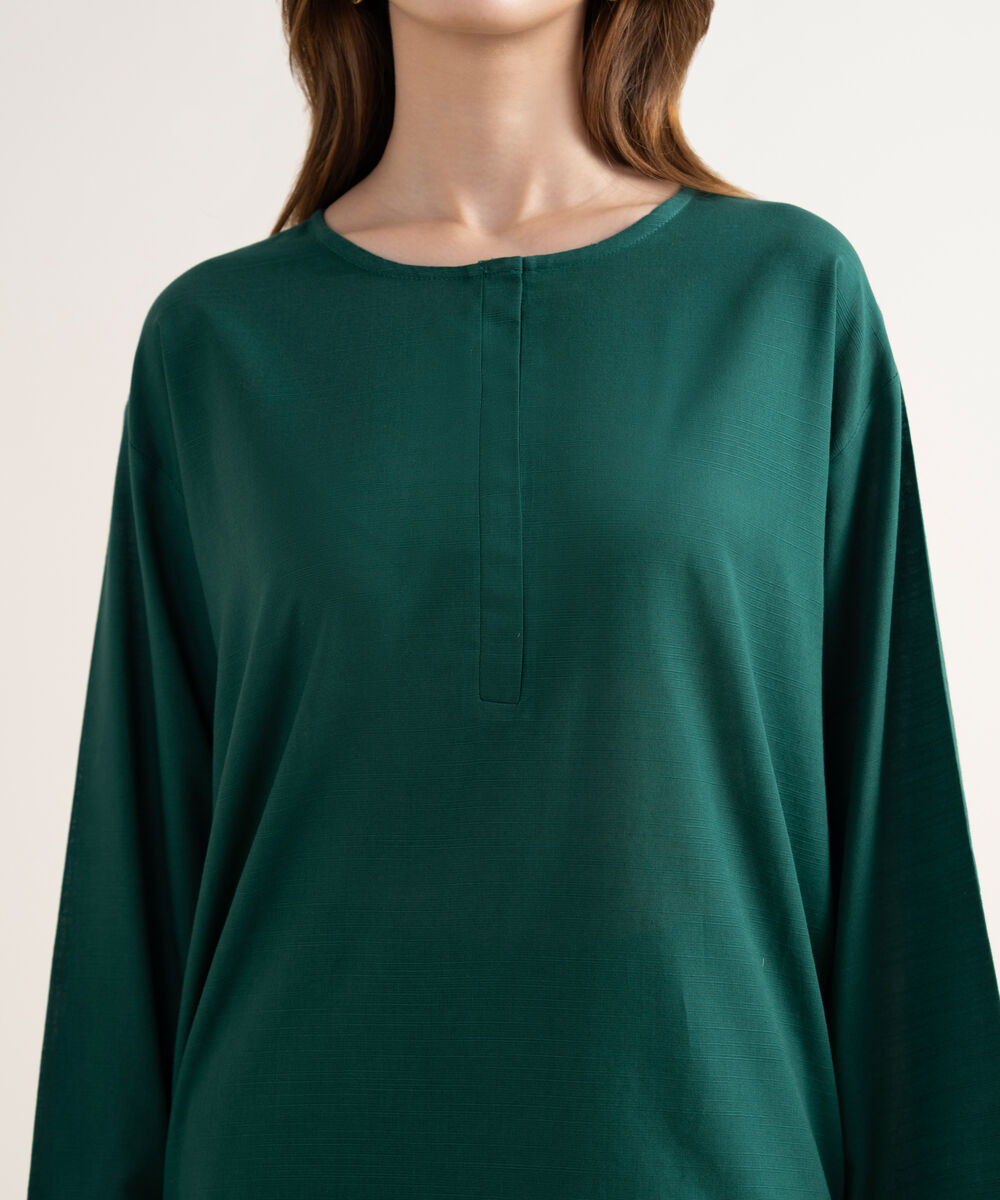 Women's RTW Textured Cotton Solid Boxy Green Shirt