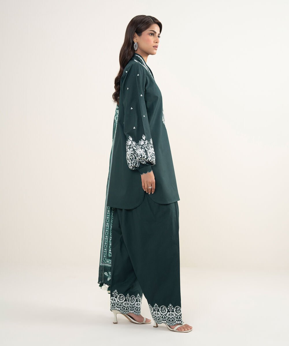 Women's Unstitched Lawn Embroidered Teal Green 3 Piece Suit