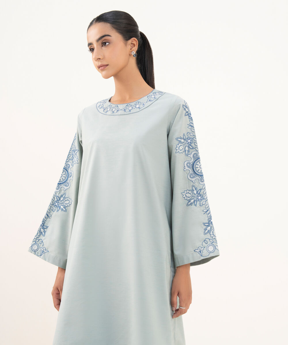 Women's RTW Textured Cotton Blue Embroidered A-Line Shirt
