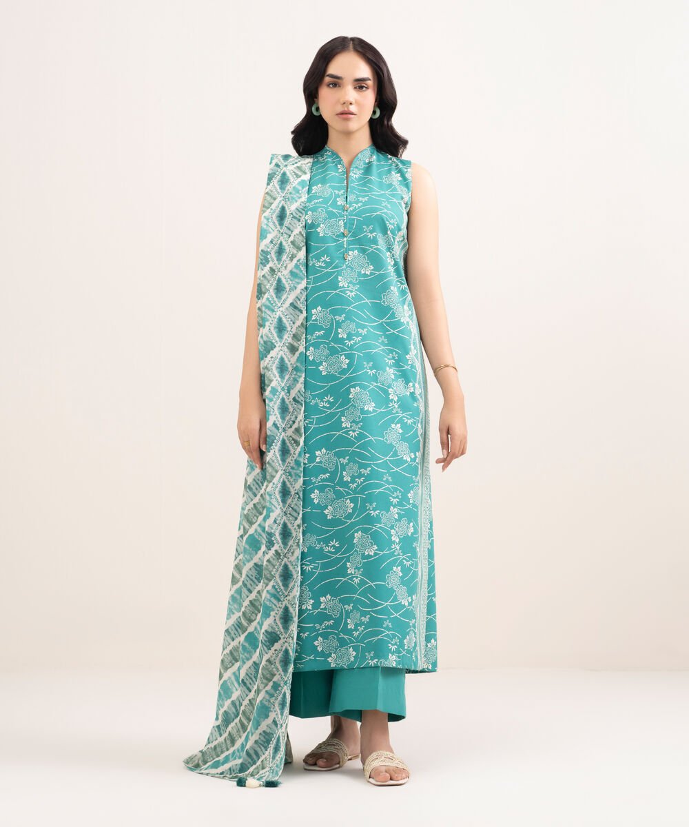 Women's Unstitched Lawn Printed Blue 3 Piece Suit