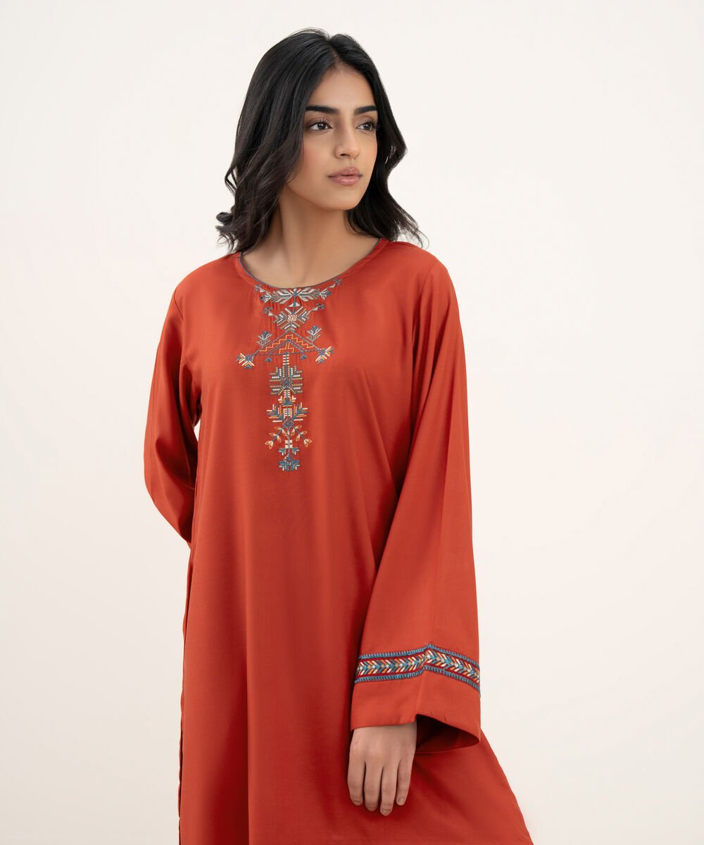 Women's RTW Khaddar Embroidered Straight Red Shirt