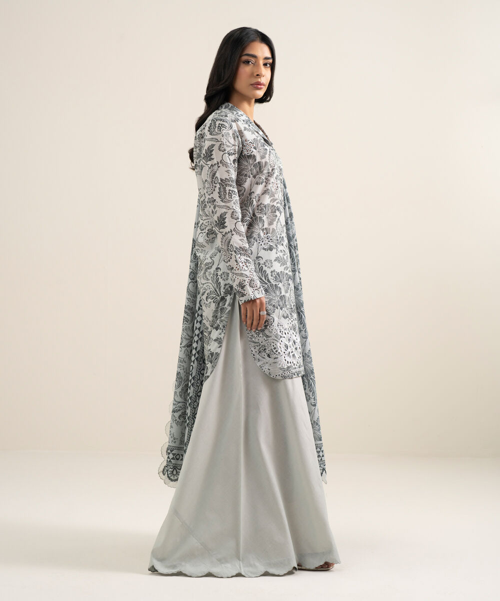 Women's Unstitched Lawn Embroidered Light Gray 3 Piece Suit