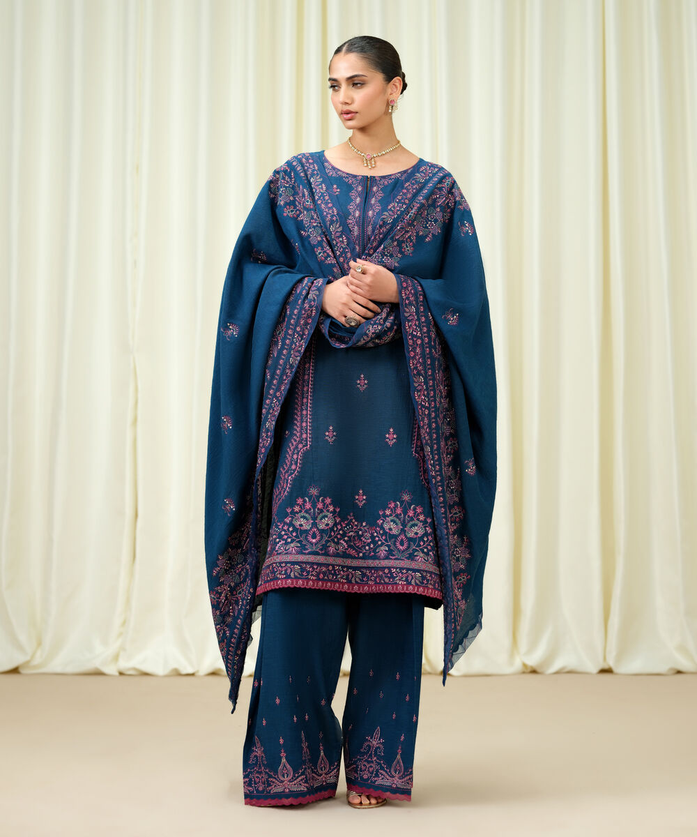 Women's Unstitched Viscose Karandi Embroidered Blue 3 Piece Suit