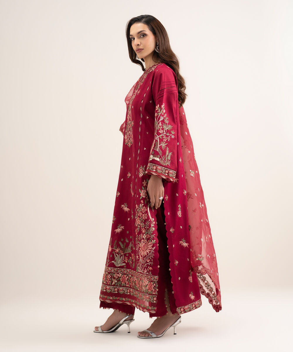 Women's Unstitched Fine Cotton Satin Embroidered Red  3 Piece Suit