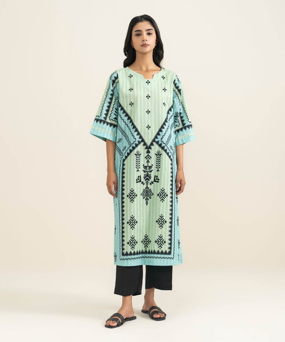 Women's RTW Textured Cotton Printed Green A-Line Shirt