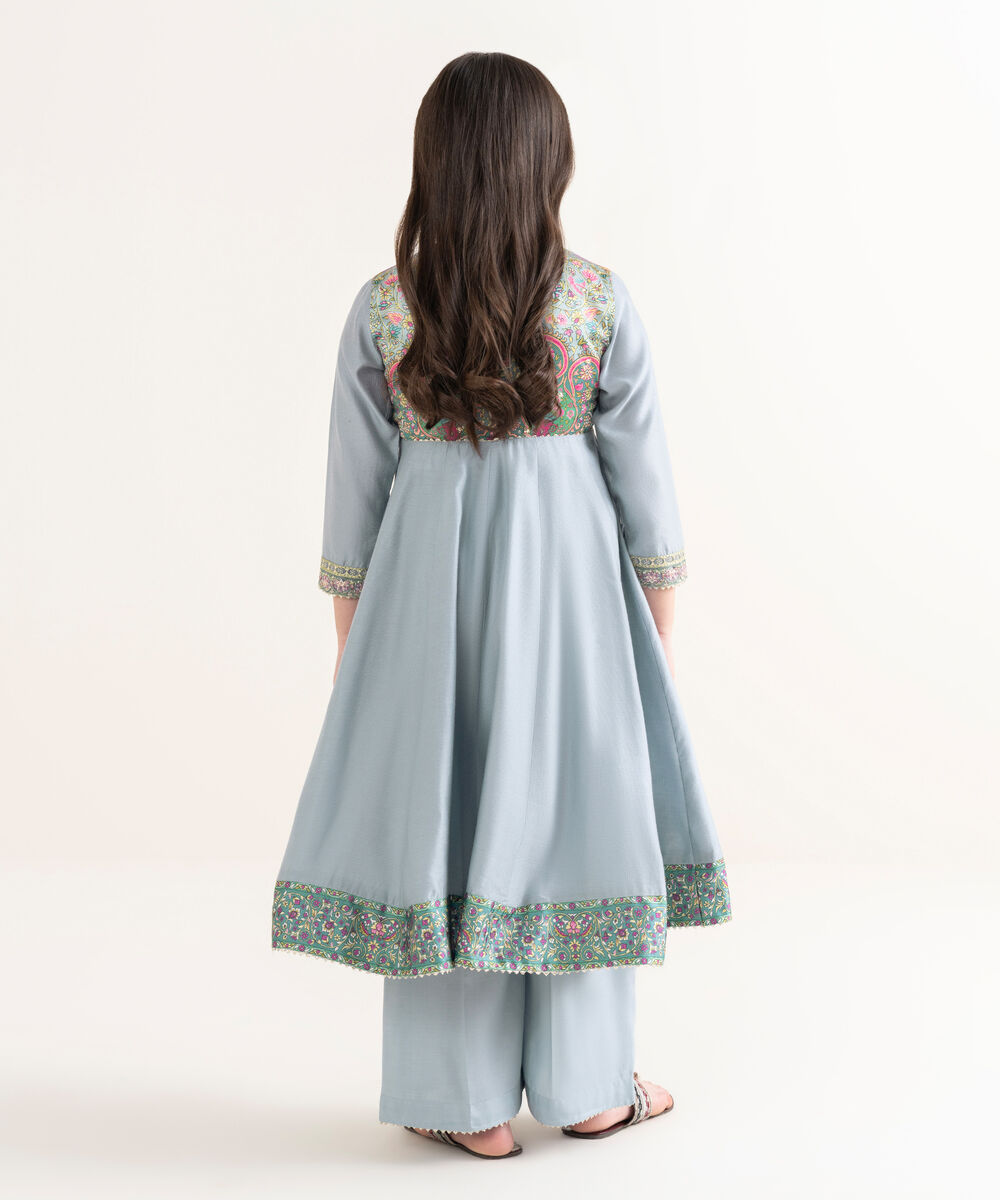 Girl's Silk Cotton Net Blue Embroidered 2 Piece Suit