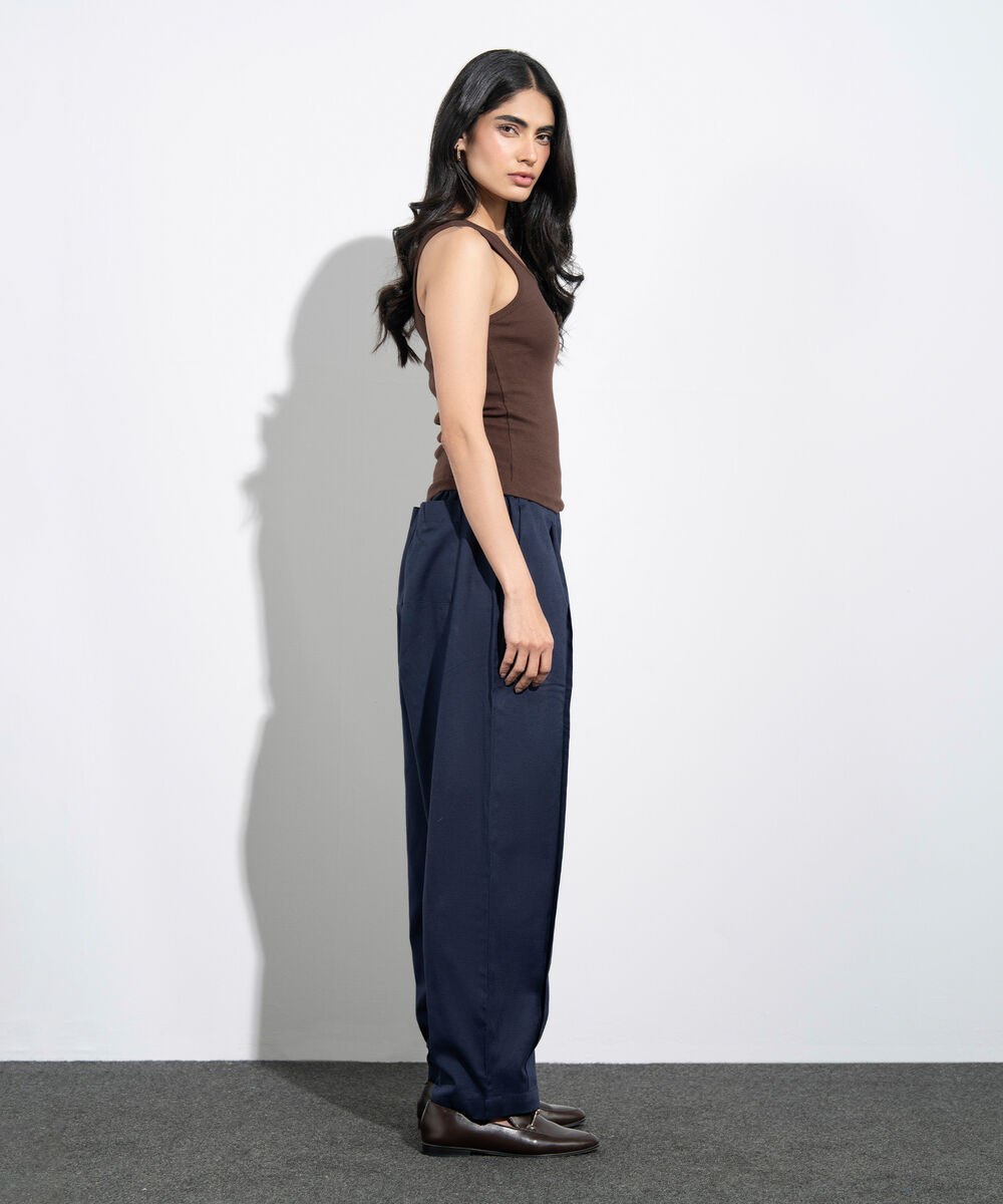 Women's Western Navy Pleated Barrel Linen Blend Trousers