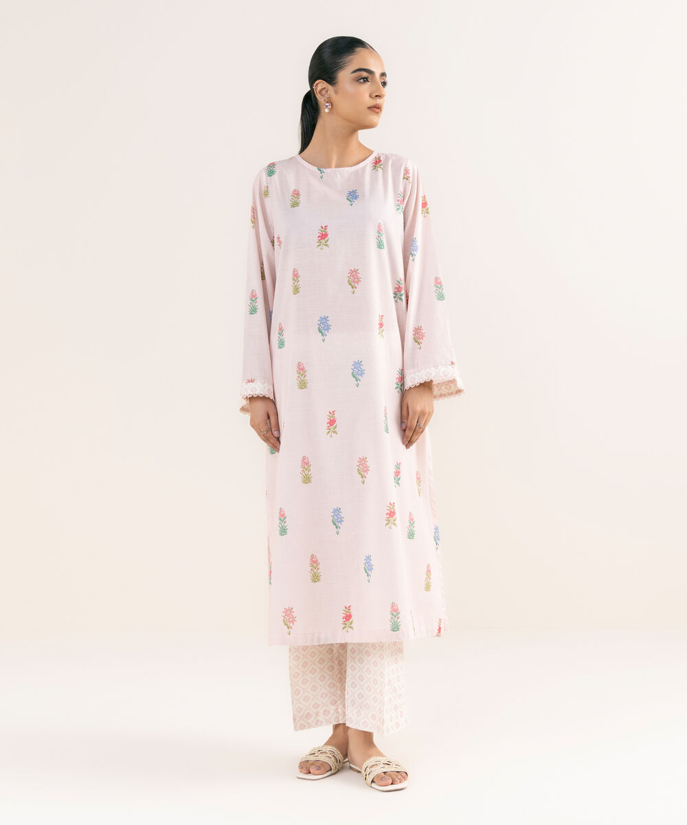 Women's RTW Textured Lawn Pink Printed A-Line Shirt