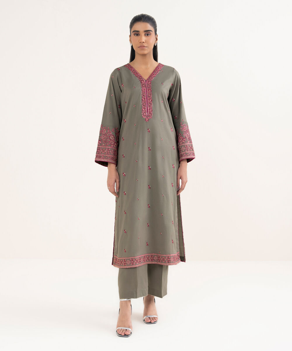 Women's RTW Cotton Viscose Embroidered Grey Straight Shirt