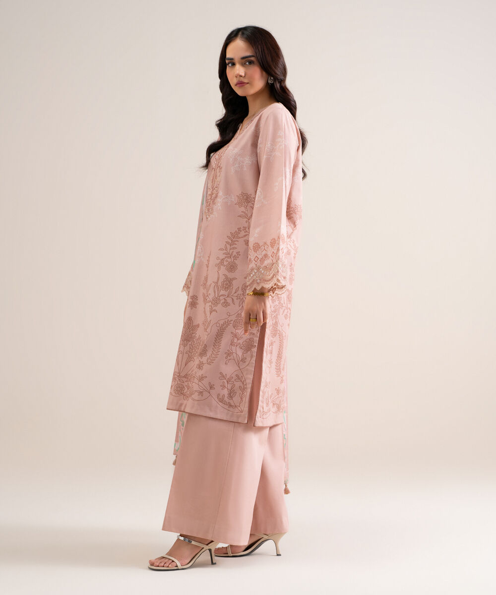 Women's Unstitched Embroidered Cotton Tea Pink 3 Piece Suit